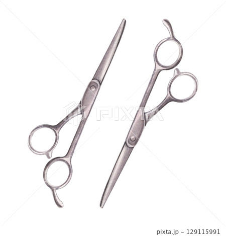 Metal scissors symmetrical composition. Hand-painted watercolor shears, barbershop tool, sewing and handicraft instrument on a white background for label, branding, design, printing on cards Metal scissors symmetrical composition. Hand-painted watercolor shears, barbershop tool, sewing and handicraft instrument on a white background for label, branding, design, printing on cards 129115991