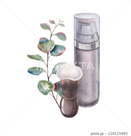 Brush with foam, shaving cream vial, eucalyptus branch. Hand-painted watercolor illustration of shaving foam isolated on white for barbershop, grooming products, cosmetics branding, designs 129115995