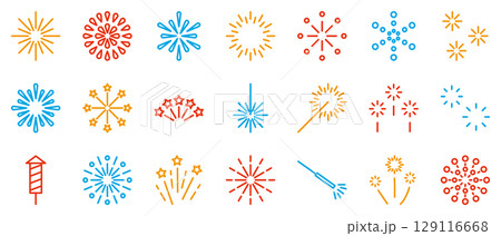 花火　アイコン　シンプル　線画　カラフル　ベクター　セット	 129116668