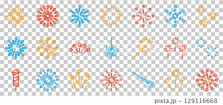 花火　アイコン　シンプル　線画　カラフル　ベクター　セット	 129116668