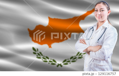 Female doctor on Chipre flag. Doctor with crossed arms on Chipre flag. Chipre health and care concept Female doctor on Chipre flag. Doctor with crossed arms on Chipre flag. Chipre health and care concept 129116757