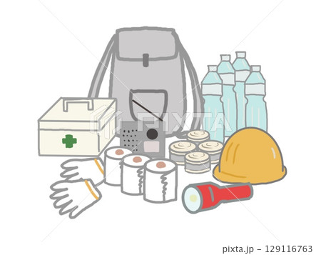 非常持ち出し袋と防災用品のセットのイラスト 129116763