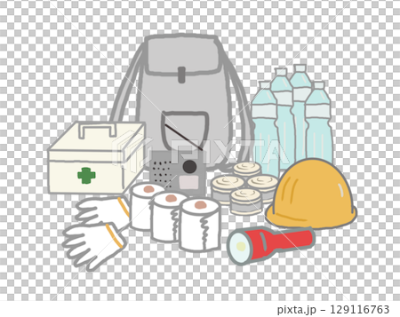 非常持ち出し袋と防災用品のセットのイラスト 129116763