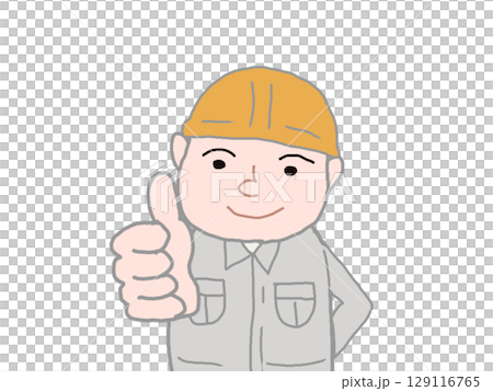 グッドサインをする作業服を着ている若い男性 129116765
