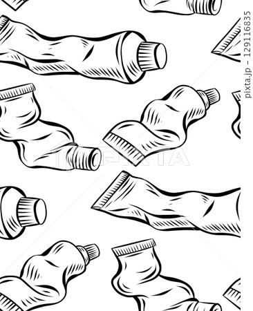 Vector seamless pattern with outline tubes of acrylic and oil paint. Texture with contour drawn toothpaste with hatching on white background. 129116835