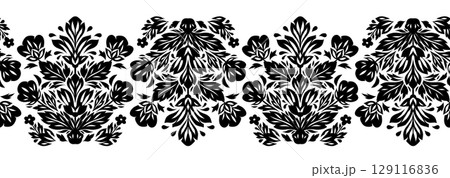 Vector seamless borders with black silhouette of flowers. Rich frieze with stylized flowers. Monochrome floral horizontal border Vector seamless borders with black silhouette of flowers. Rich frieze with stylized flowers. Monochrome floral horizontal border 129116836