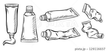 Vector set of clipart with tubes of acrylic and oil paint. Collection of contour drawn toothpaste with hatching isolated from background. Vector set of clipart with tubes of acrylic and oil paint. Collection of contour drawn toothpaste with hatching isolated from background. 129116837