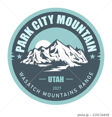 Park City, Utah, USA, emblem with snow-covered mountains, vector 129116849
