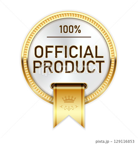 Official product, medal with golden ribbon, officially released item, badge or insignia, genuine product, vector 129116853