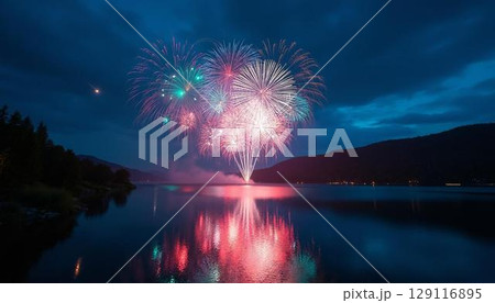 湖面に映る花火 湖面に映る花火 129116895