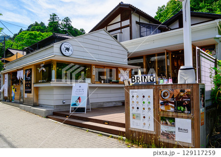高尾山 清滝駅前広場へのもみじ通り 商店街 高尾山 清滝駅前広場へのもみじ通り 商店街 129117259