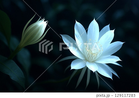 夜に咲く月下美人の神秘的な花　幻想的な白い花のクローズアップ写真 129117283