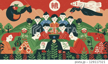 努力の証！民藝風のタッチで描かれた成果のイラスト 129117321