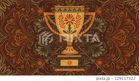 輝かしい成果!民藝風のタッチで描かれたトロフィー 輝かしい成果!民藝風のタッチで描かれたトロフィー 129117322