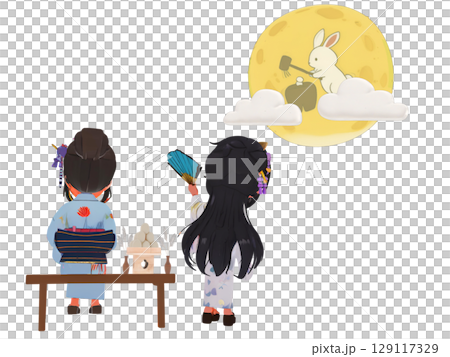 A woman in a yukata gazing at a rabbit on the moon under the harvest moon on a long autumn night 129117329