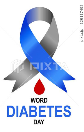Word Diabetes Day. Word Diabetes Day vector illustration with Blue and Grey awareness ribbon loop. Raising awareness of diabetes campaign.  Concept illustration 129117493
