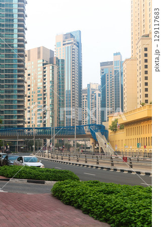 Dubai, UAE - September 29, 2024 Pedestrian overpass across the roadway. Editorial 129117683
