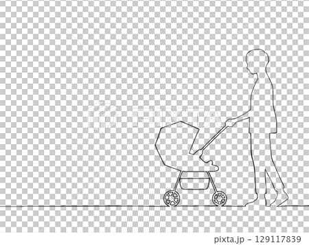 Line drawing of a man (father) pushing a stroller Line drawing of a man (father) pushing a stroller 129117839