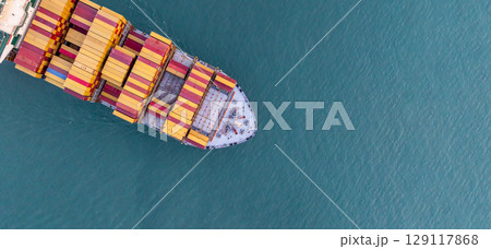 Aerial view container ship cargo freight shipping international, Global business freight shipping import export logistic transportation container ship, Container ship cargo sea freight container ship. Aerial view container ship cargo freight shipping international, Global business freight shipping import export logistic transportation container ship, Container ship cargo sea freight container ship. 129117868