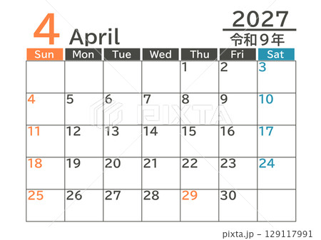 日本の祝日色付日曜始まり2027年4月のマンスリーカレンダー素材 129117991