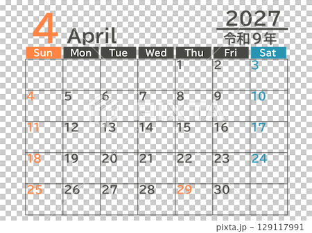 日本の祝日色付日曜始まり2027年4月のマンスリーカレンダー素材 129117991