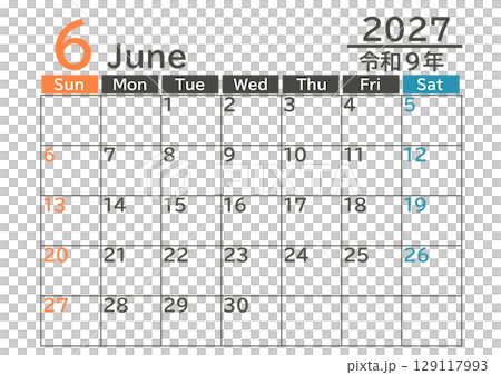 日本節慶彩色星期日開始 2027 年 6 月月曆 129117993