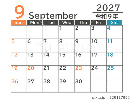 日本の祝日色付日曜始まり2027年9月のマンスリーカレンダー素材 129117996