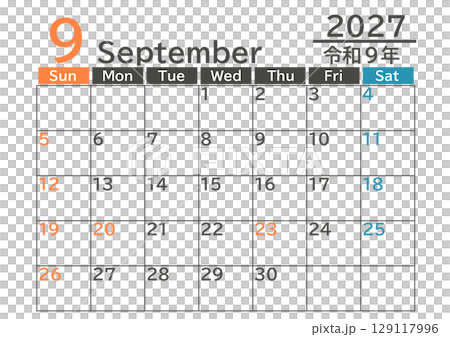 日本の祝日色付日曜始まり2027年9月のマンスリーカレンダー素材 129117996