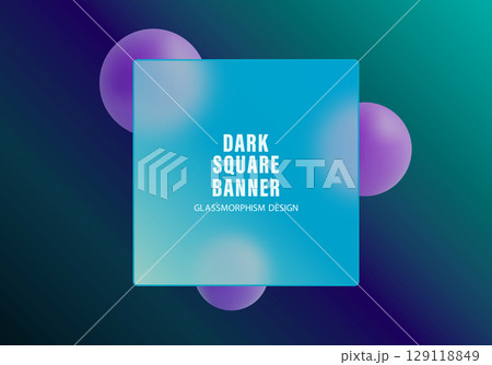 Dark square glassmorphism banner with glowing spheres on gradient background Dark square glassmorphism banner with glowing spheres on gradient background 129118849