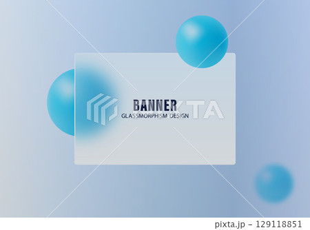 Glass panel banner with blue spheres on gradient background 129118851