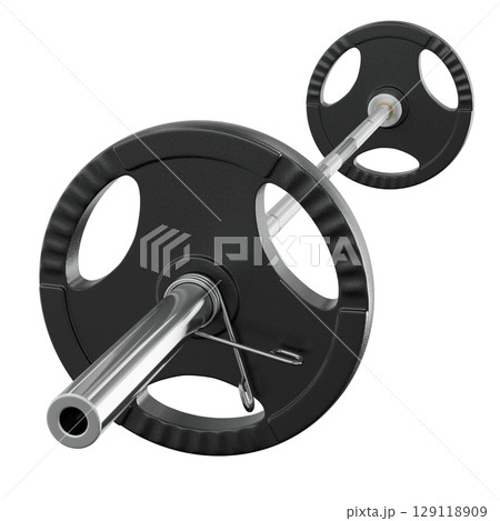 Cast Iron Black Olympic Adjustable Barbell, weightlifting gym equipment, side view 129118909