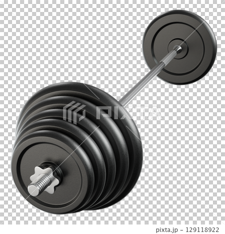 Cast Iron Black Adjustable Barbell, weightlifting gym equipment, side view 129118922