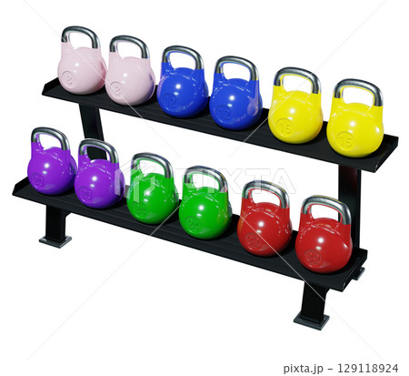 Gym rack with different Olympic kettlebells, cast iron powerlifting equipment 129118924
