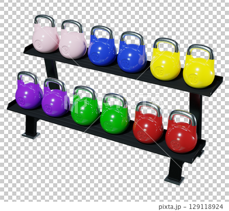 Gym rack with different Olympic kettlebells, cast iron powerlifting equipment 129118924