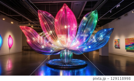 Illuminated lotus sculpture in art gallery showcasing vibrant colors and modern design 129118998