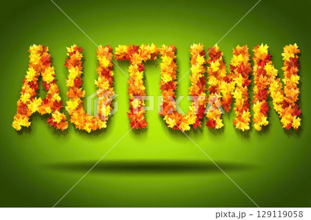 The word Autumn, made in 3D style filled with autumn leaves on green background 129119058
