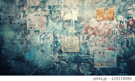 Grunge Wall Texture with Torn Posters and Graffiti 129119080
