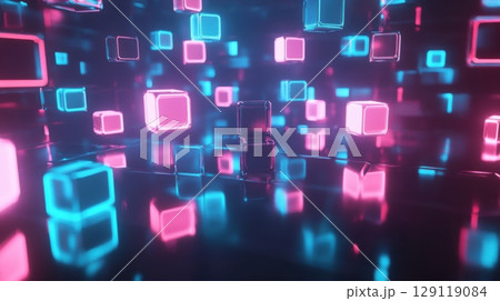 Abstract 3D neon cubes, pink and blue, floating in dark space Abstract 3D neon cubes, pink and blue, floating in dark space 129119084