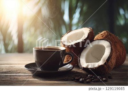 cracked open fresh coconuts , placed next to a steaming cup of coconut coffee. 129119085