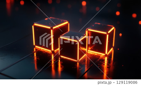 Neon glowing red cube abstract futuristic background 3D render 129119086