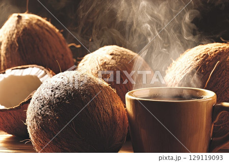 cracked open fresh coconuts , placed next to a steaming cup of coconut coffee. 129119093