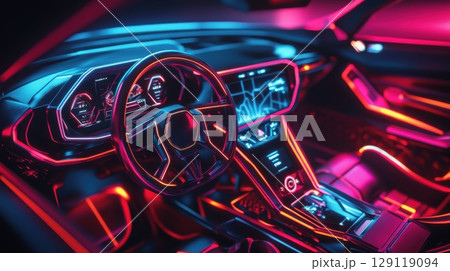 Futuristic car interior with neon lights and high tech dashboard features 129119094