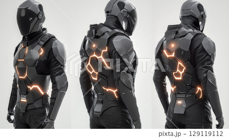 Futuristic armored suit design with illuminated elements and sleek aesthetic Futuristic armored suit design with illuminated elements and sleek aesthetic 129119112