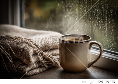 a ceramic mug with hot steaming drink on a windowsill, relaxing quiet vibe on autumn day a ceramic mug with hot steaming drink on a windowsill, relaxing quiet vibe on autumn day 129119113