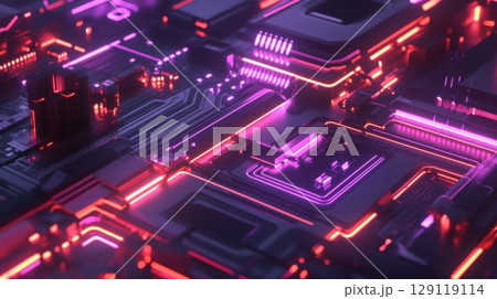 Abstract 3D Rendering of Circuit Board with Neon Lights in Red and Purple 129119114