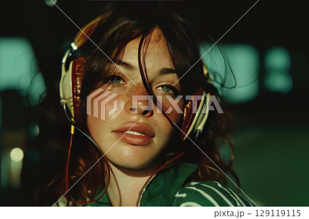 Beautiful young girl with big headphones listening to music in a city 129119115