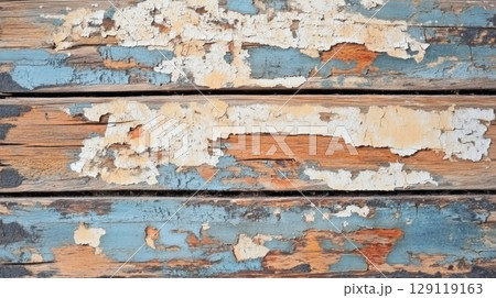 Close up of peeling paint on weathered wood surface 129119163