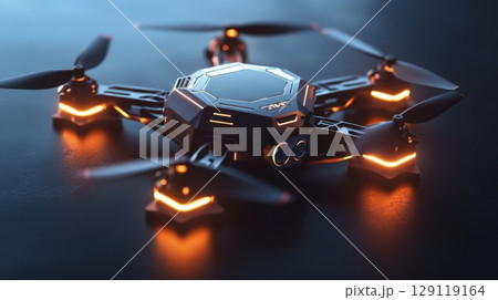 High tech drone with glowing lights on a dark surface, showcasing advanced technology and design 129119164