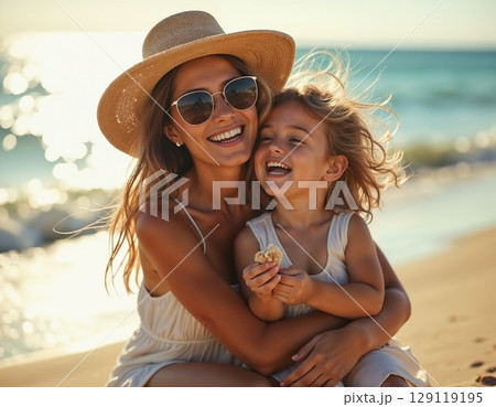 beautiful mom and toddler girl enjoying summer day on beach 129119195