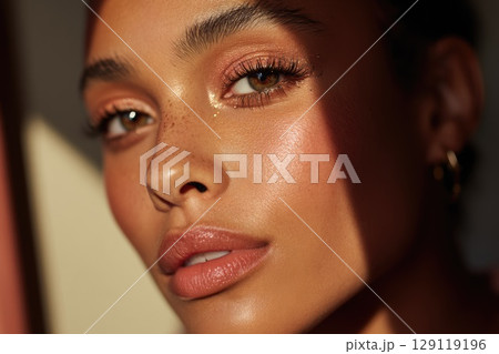 close up of young beautiful latin model with natural makeup in natural daylight 129119196